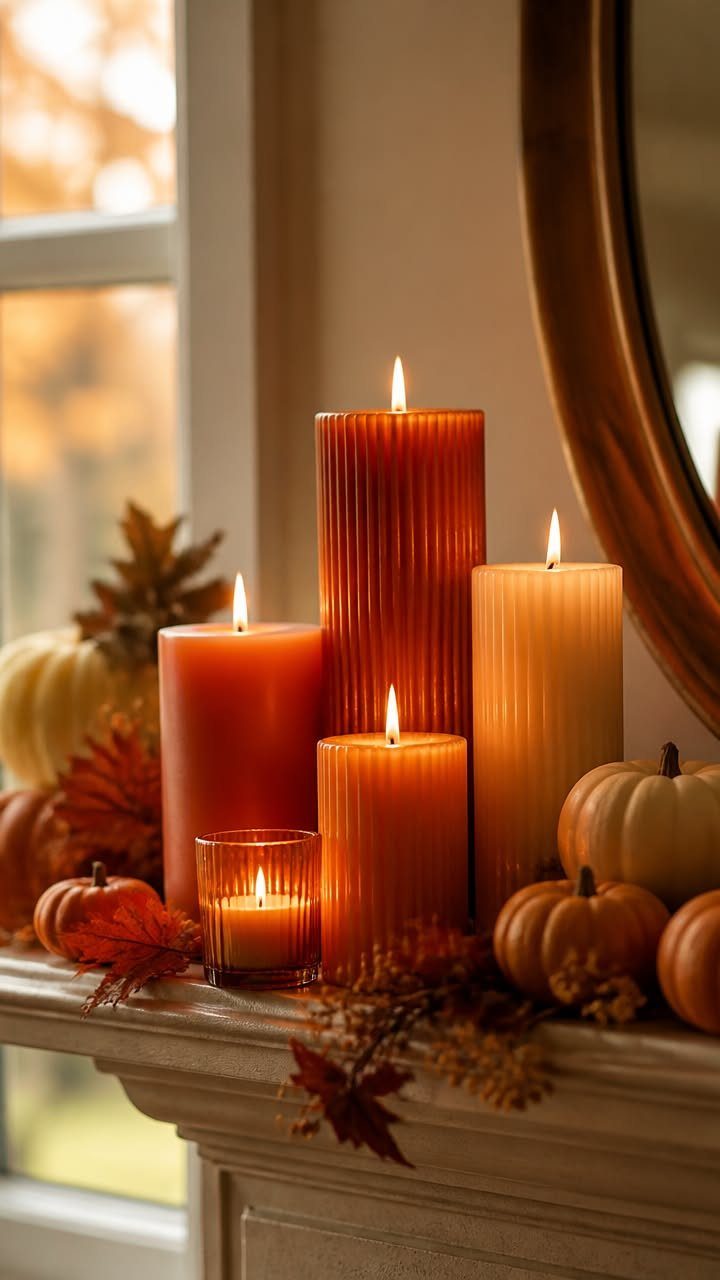 Lit orange and cream pillar candles arranged with small pumpkins on a white mantelpiece.