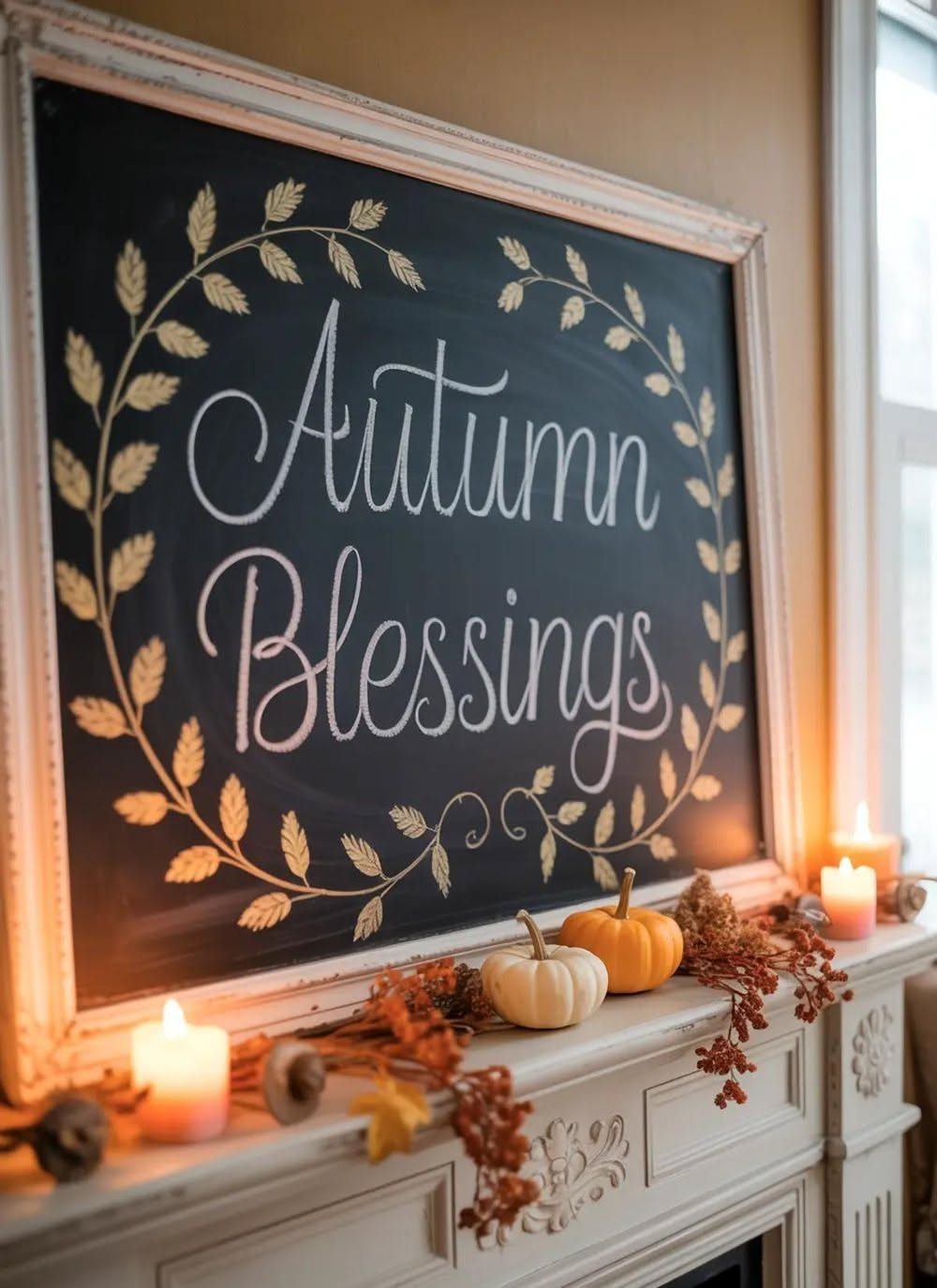 Chalkboard sign reading Autumn Blessings decorated with a gold leaf wreath on a mantel.