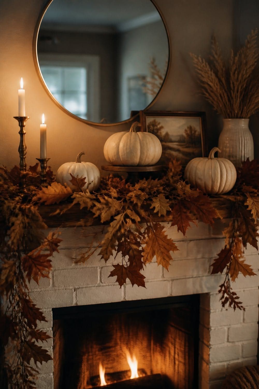 White pumpkins and autumn leaves decorate a mantel with lit candles and a mirror.
