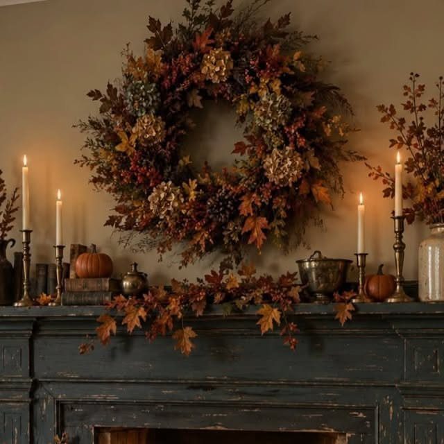 Large autumn wreath with colorful leaves hanging above a dark mantel decorated with candles and pumpkins.