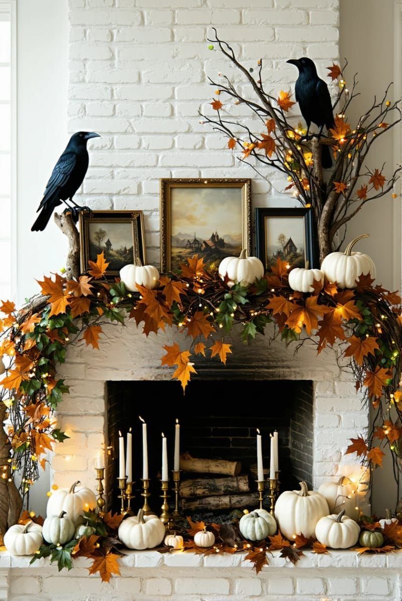 White brick fireplace mantel decorated with autumn leaves, white pumpkins, and black crows.