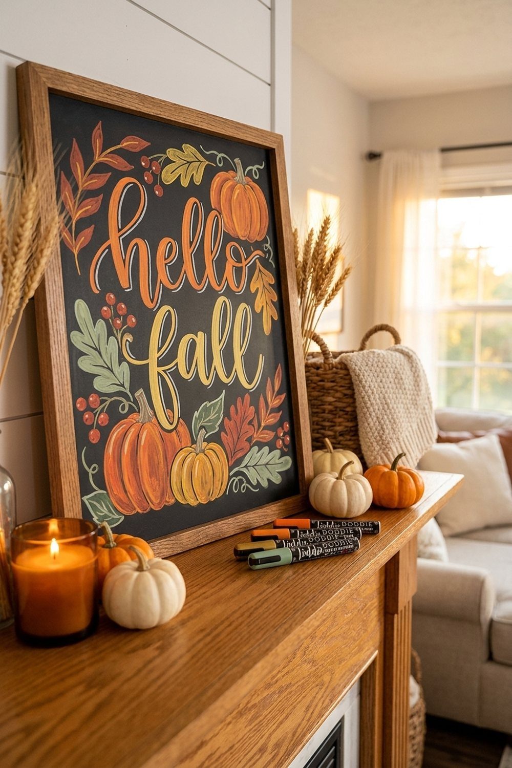 Chalkboard sign with fall lettering surrounded by pumpkins and autumn leaves on a wooden mantel.