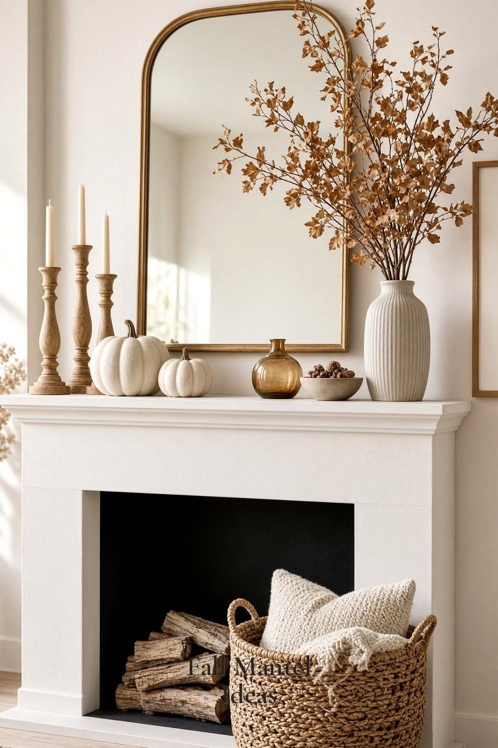 A gold arched mirror leans against a wall on a white mantel with autumn decor.