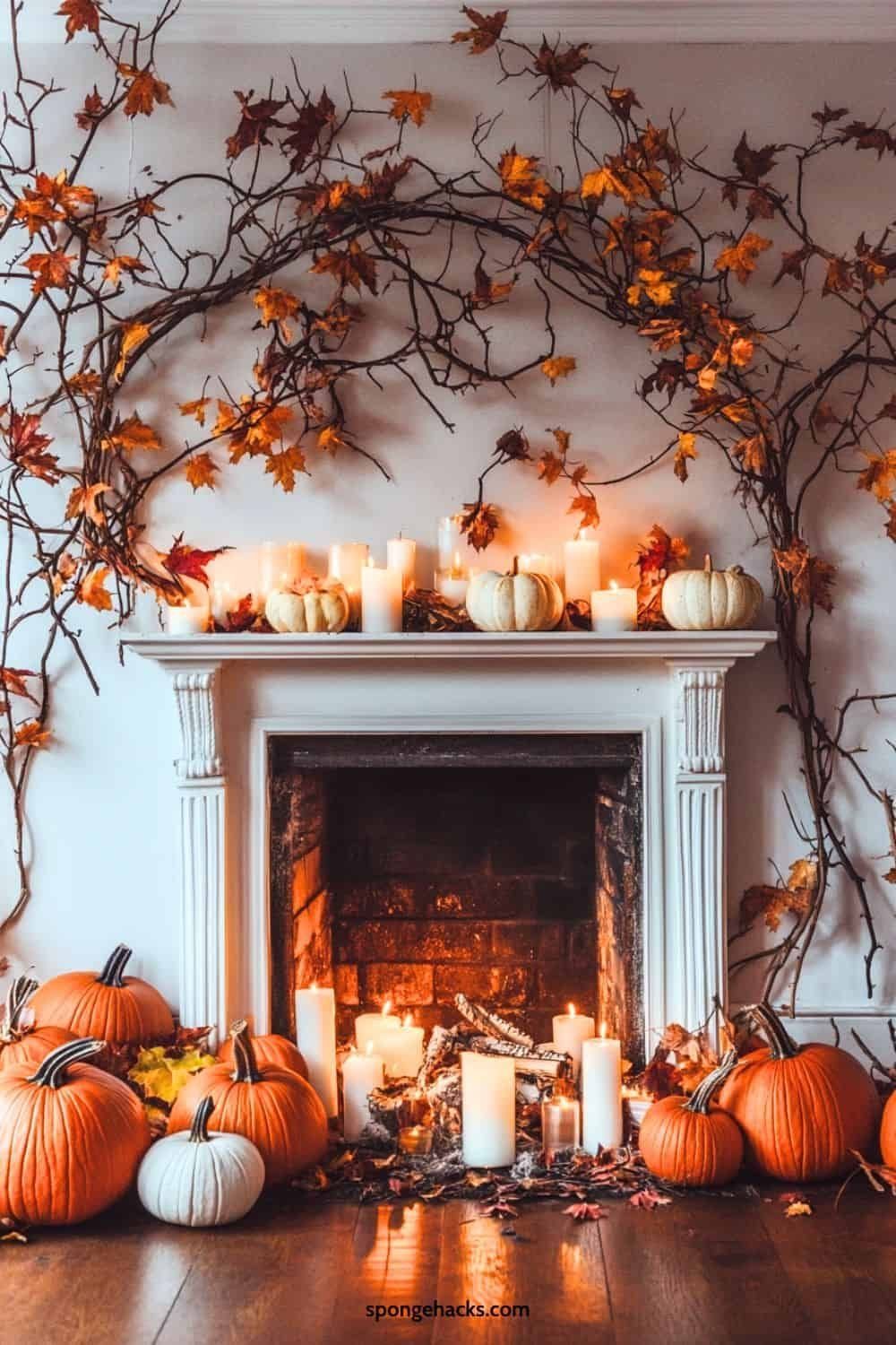 White and orange pumpkins arranged on a mantel with glowing candles and autumn branches.