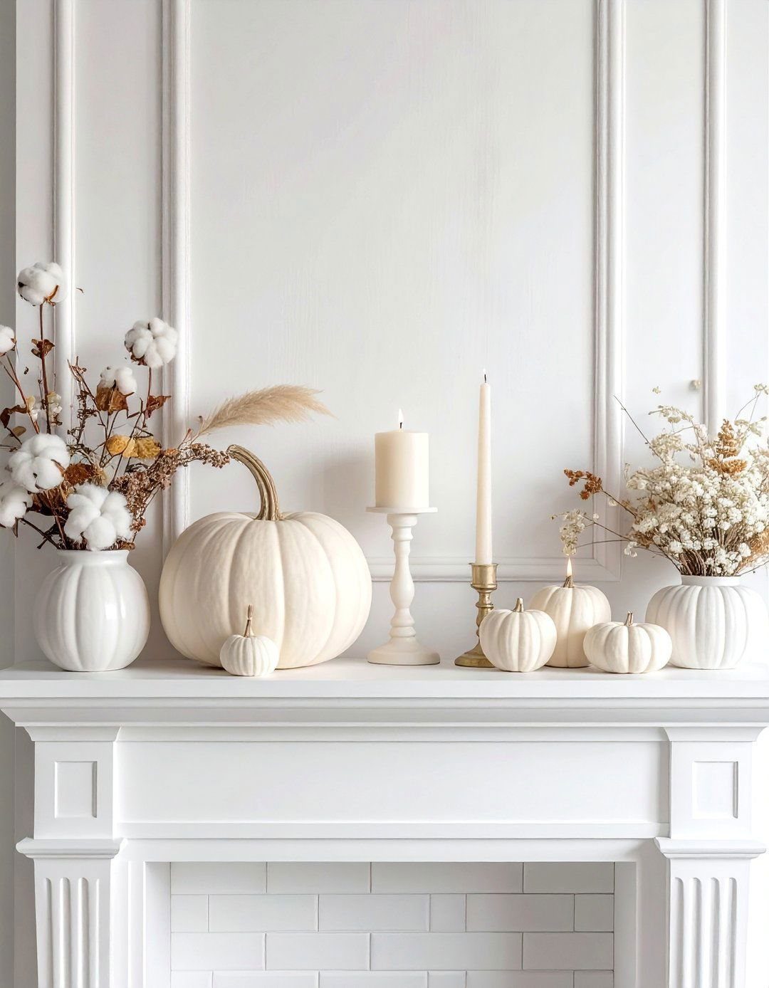 White pumpkins and cream-colored decor arranged on a white mantel against a paneled wall.