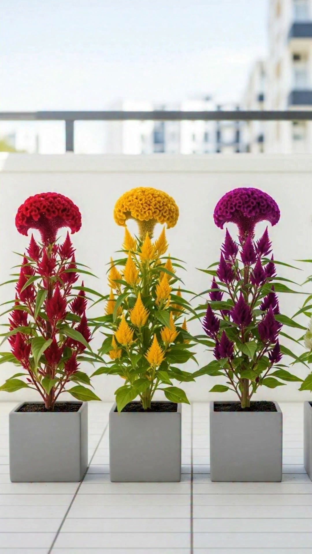 Three grey planters with red, yellow, and purple celosia plumes on a white balcony.