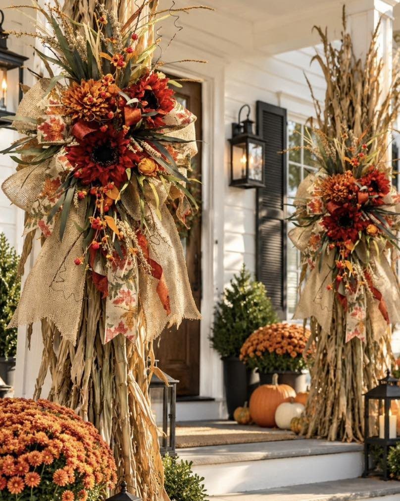 Decorated dried corn stalks with autumn flowers and burlap standing on a white porch.