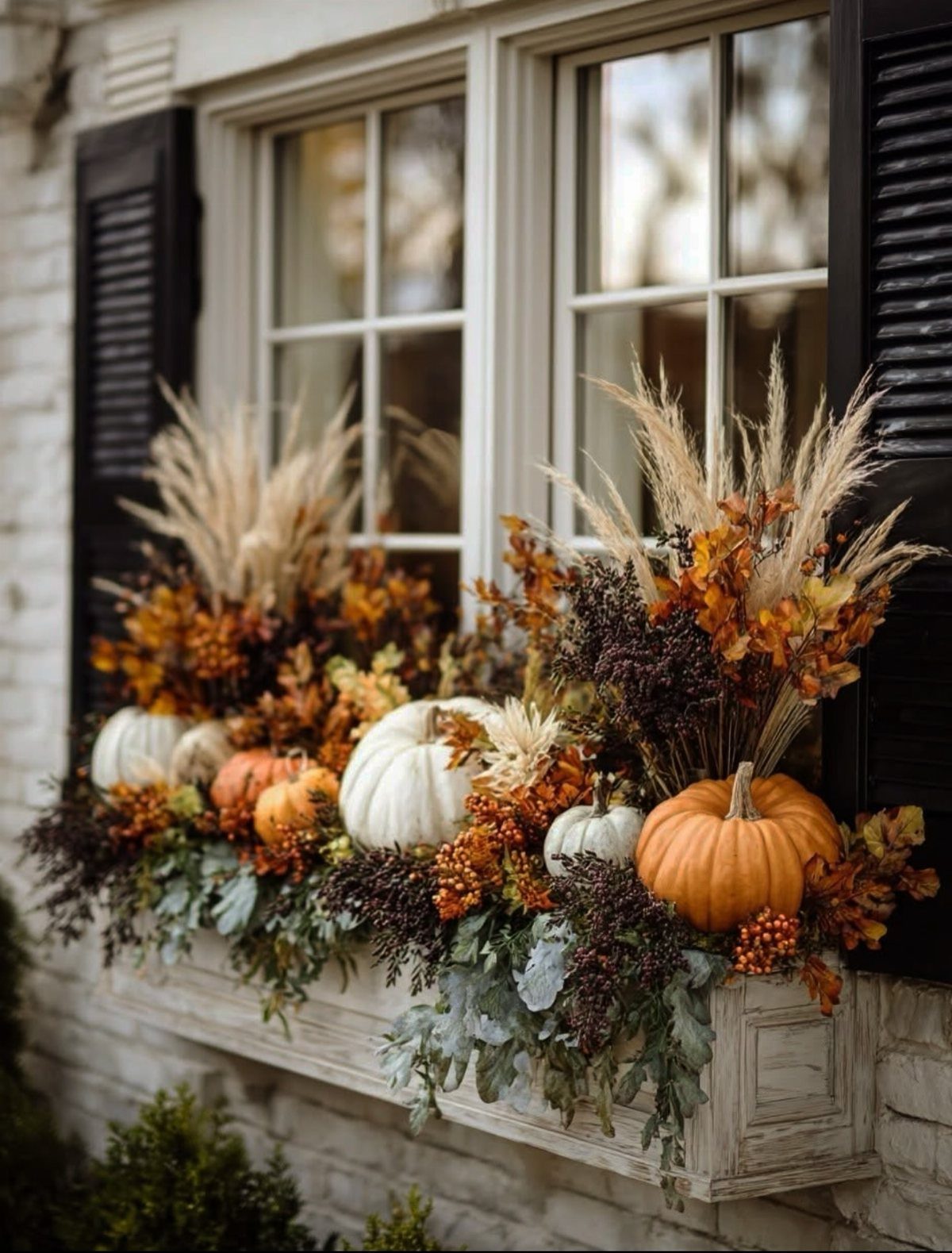 Small white and orange pumpkins nestled among autumn leaves and grasses in a window box.