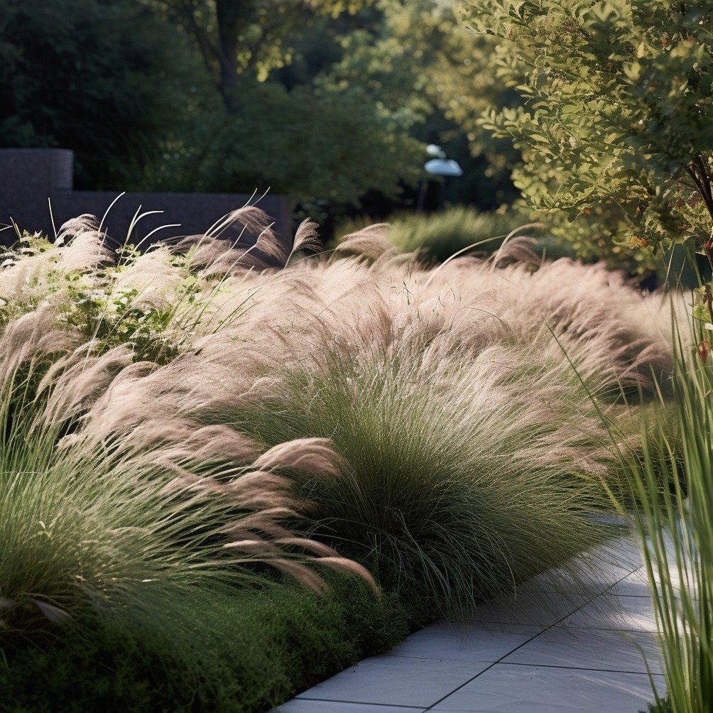 Feathery ornamental grasses with light pink plumes growing in a garden along a stone path.