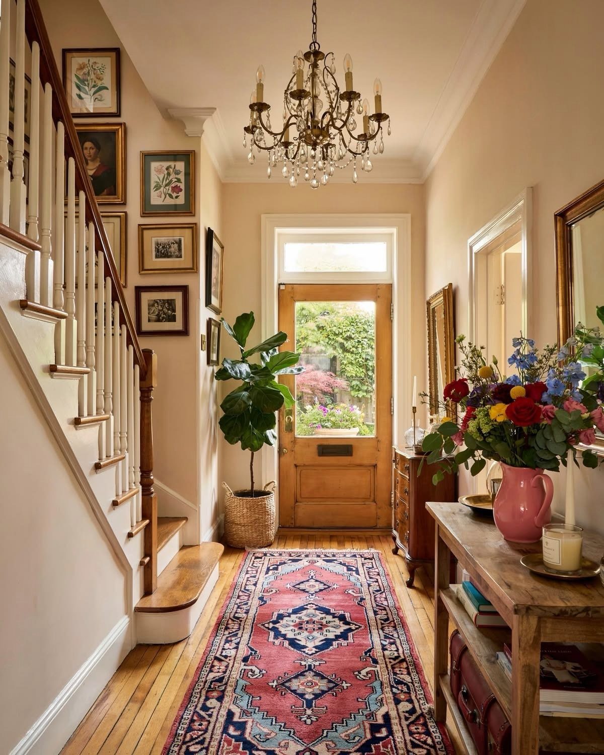 Red patterned accent rug on a wooden floor in a bright farmhouse entryway.