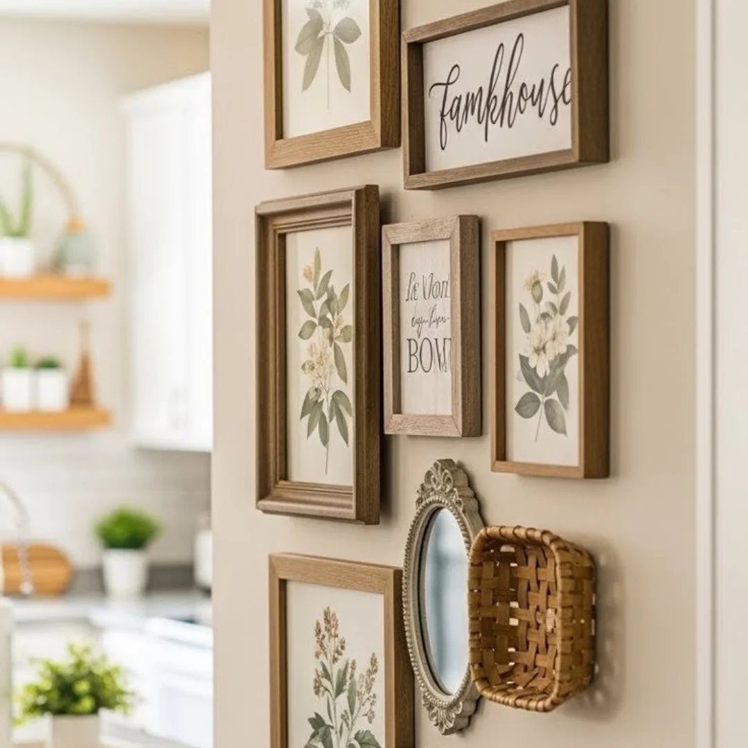 Wooden framed botanical art, a farmhouse sign, and a small basket arranged on a beige wall.
