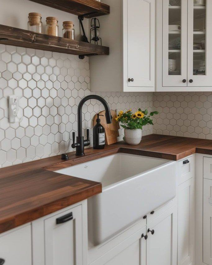 White apron front farmhouse sink installed in a kitchen with butcher block countertops and hexagon tiles.