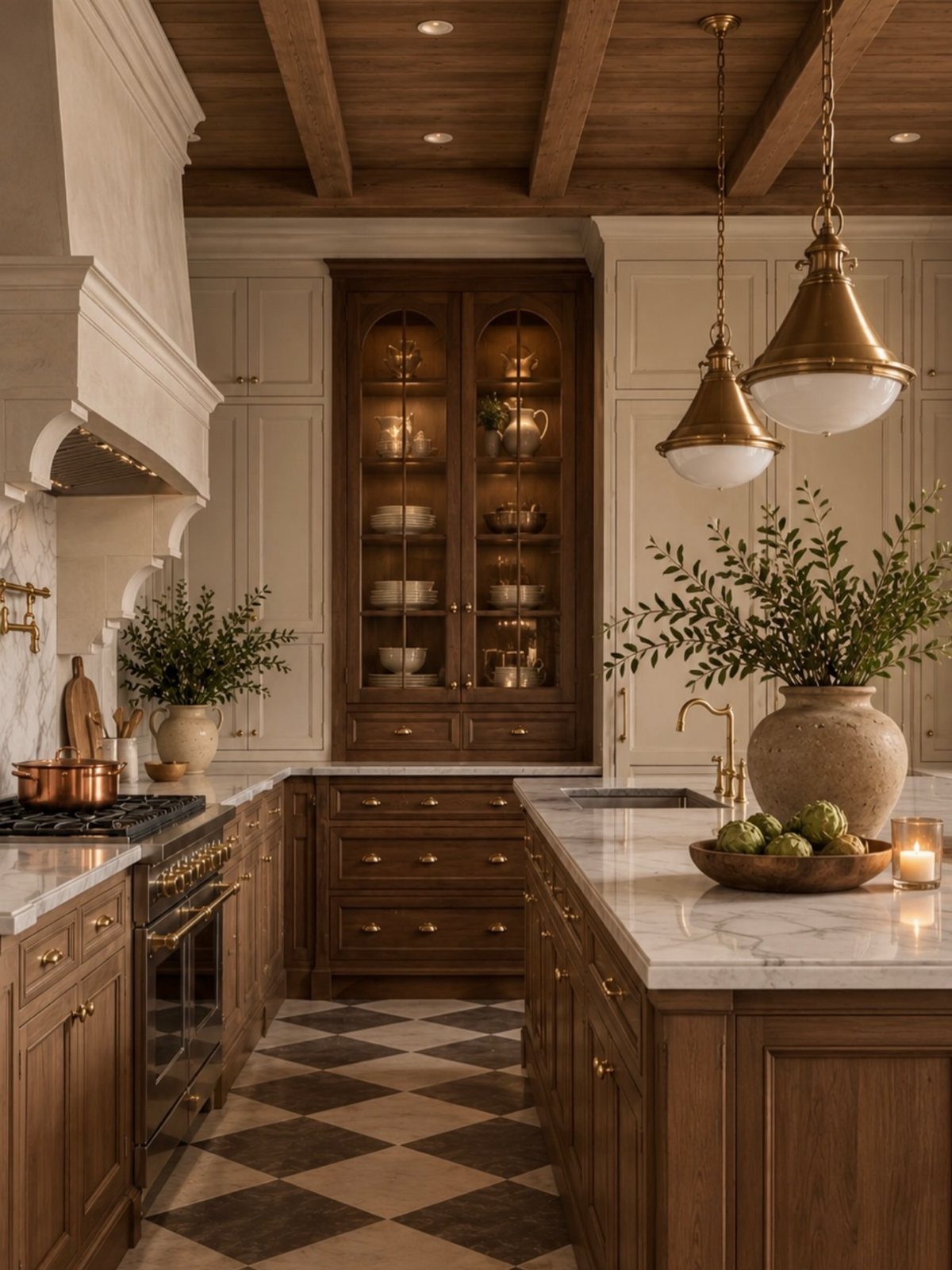 Warm farmhouse kitchen with brass pendant lights, wood cabinets, and marble countertops.