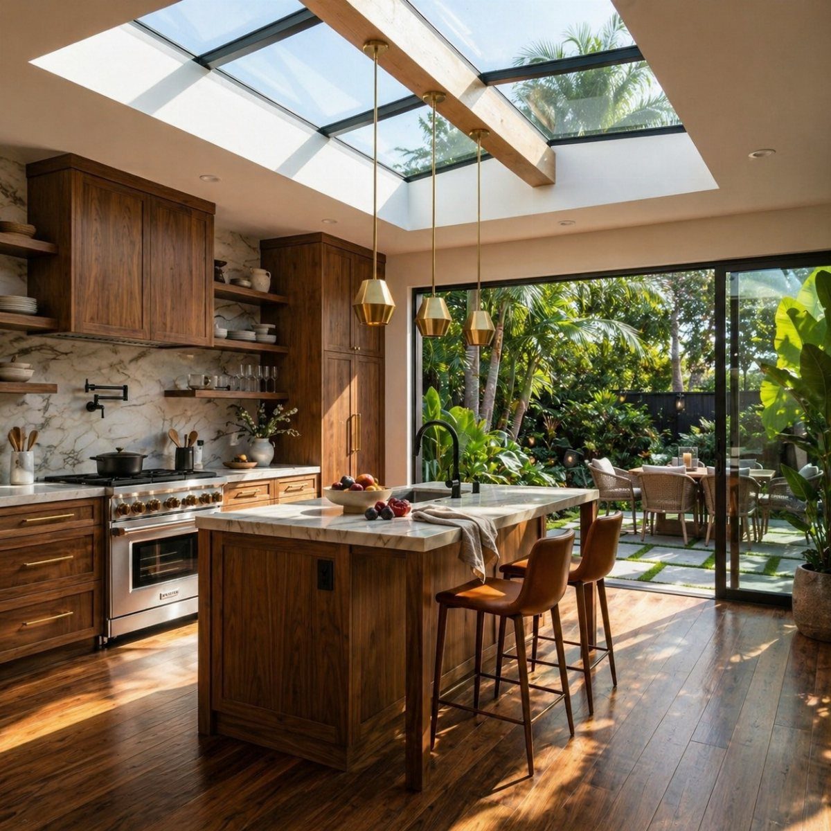 Sunlight streams through a large skylight into a warm kitchen with wooden cabinetry and a marble island.