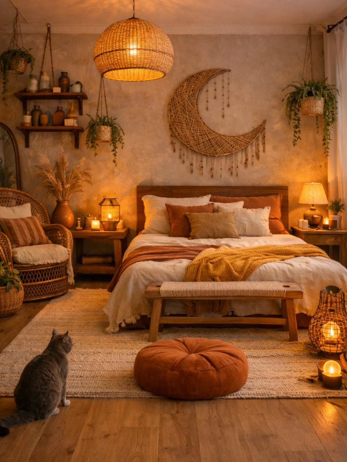 Cozy bohemian bedroom with woven textures, warm lighting, layered bedding, and a moon wall hanging.