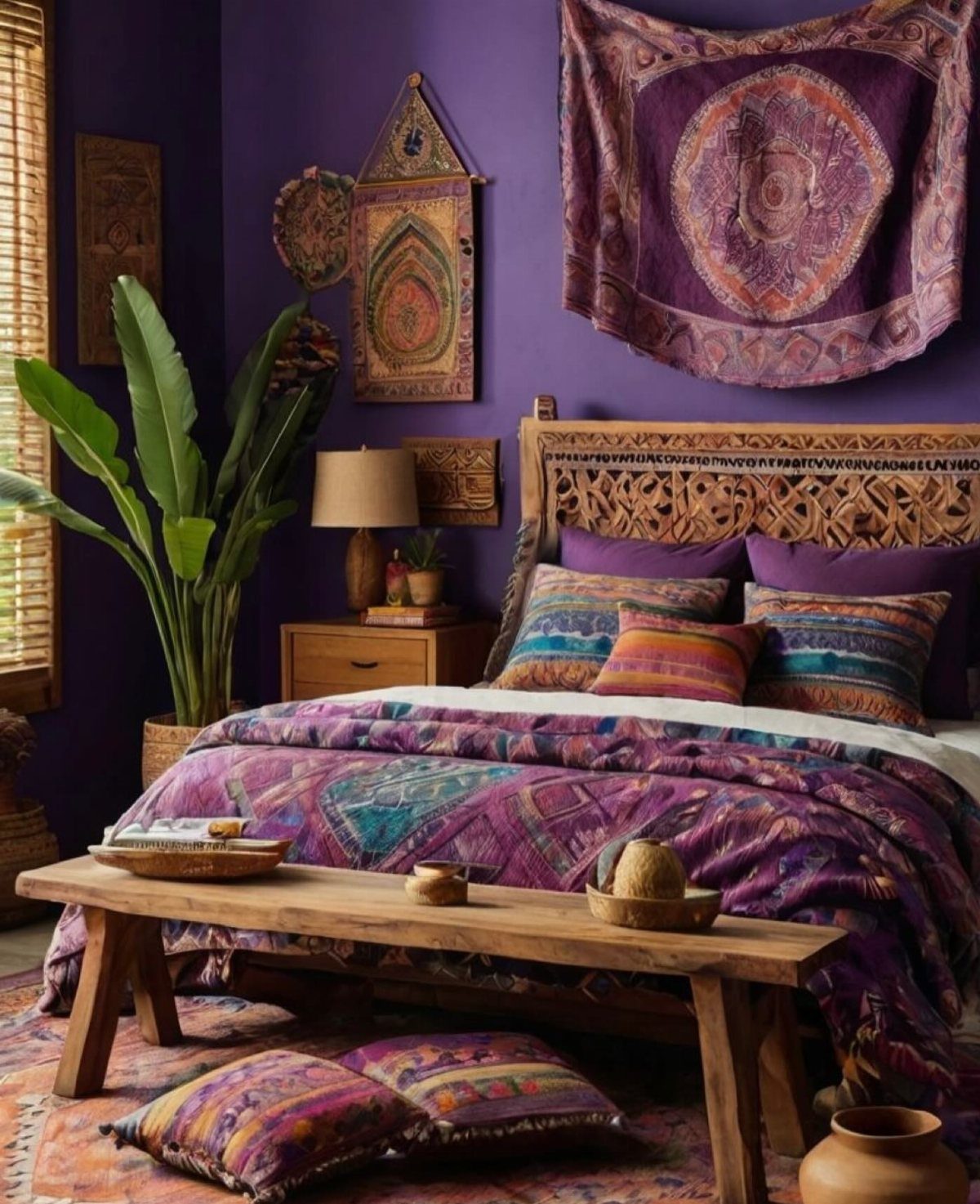 Bohemian bedroom with purple walls, patterned textiles, a carved wooden headboard, and a large green plant.