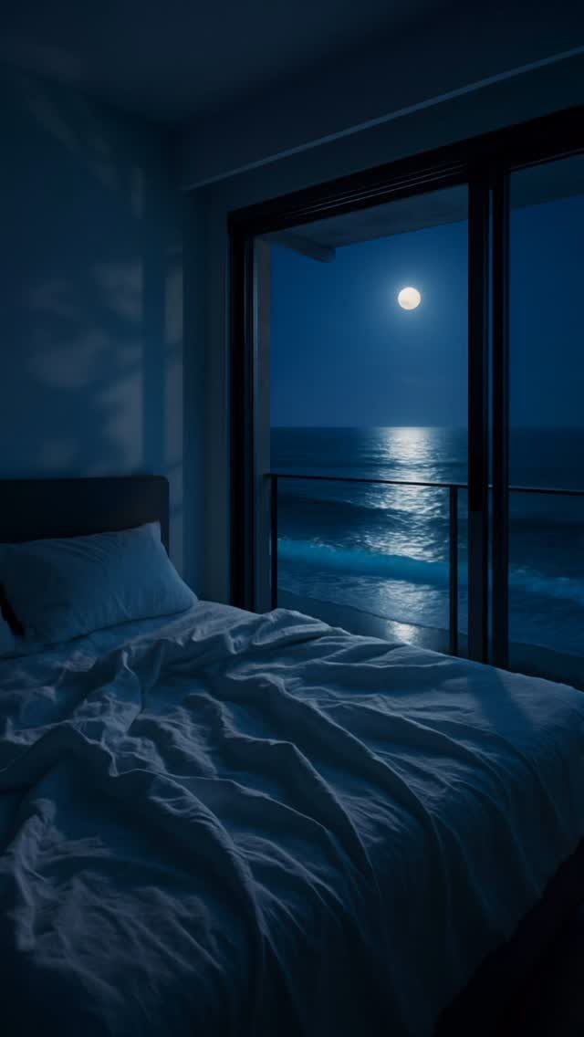 Bed with white linens facing a large window overlooking the moonlit ocean at night.