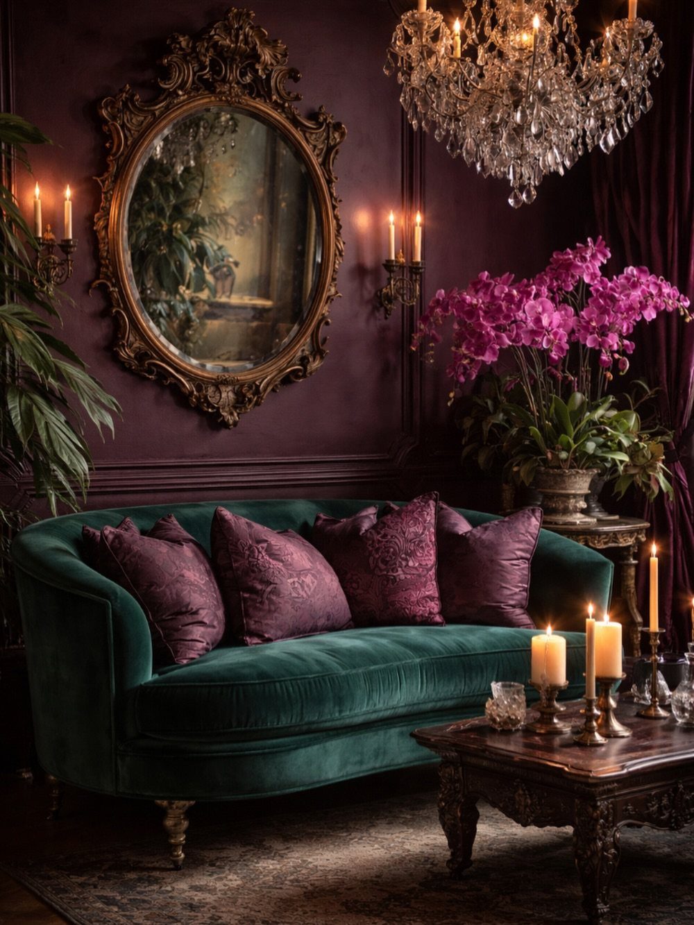 Dark green velvet sofa with purple pillows set against deep plum walls and ornate gold decor.