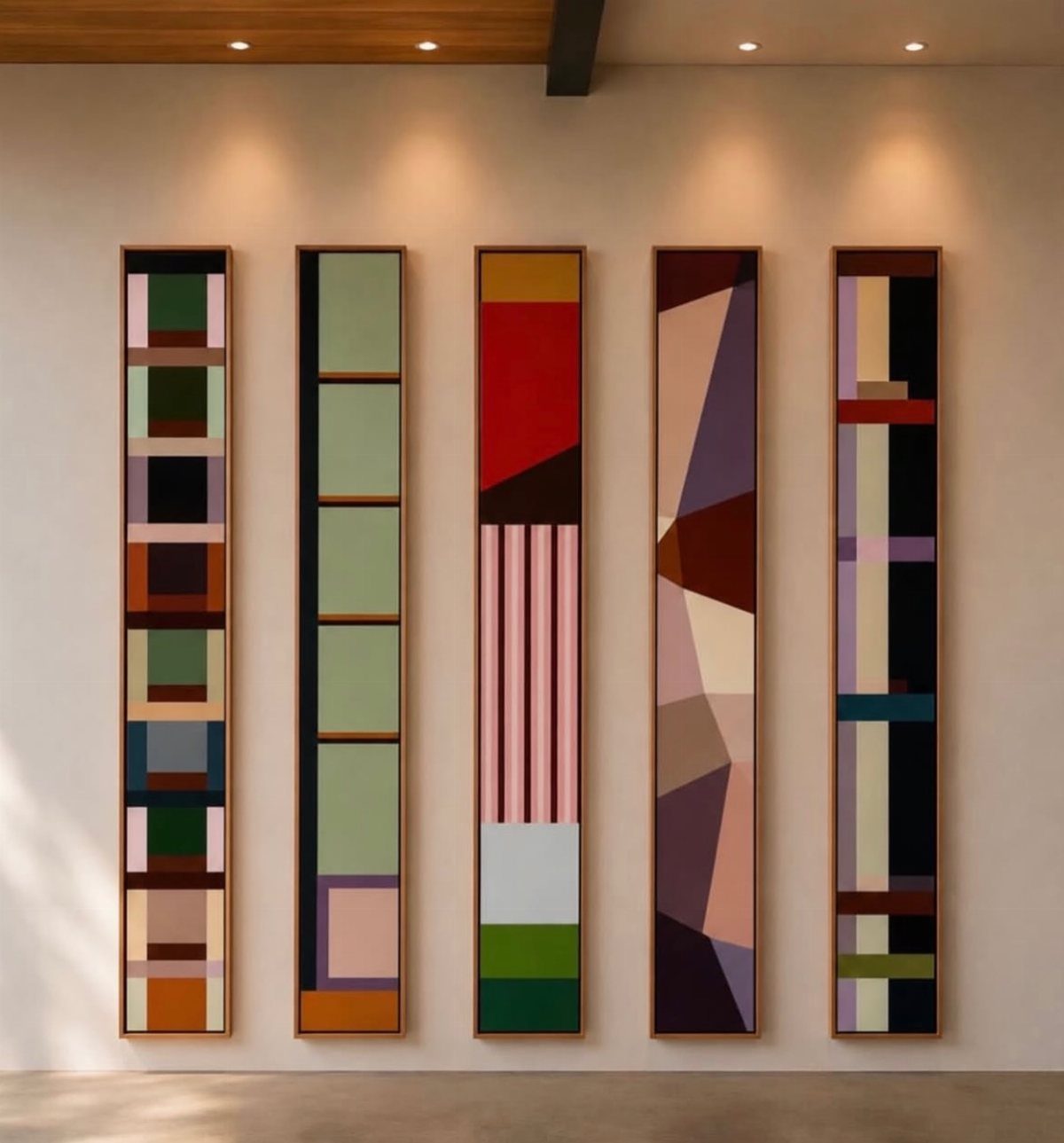 Five vertical geometric abstract paintings hanging in a row on a neutral wall.
