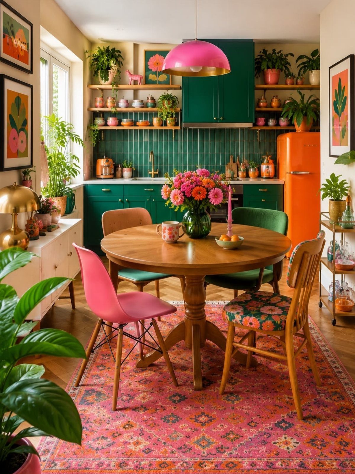 Wooden dining table with mismatched pink, green, and floral vintage chairs on a pink rug.