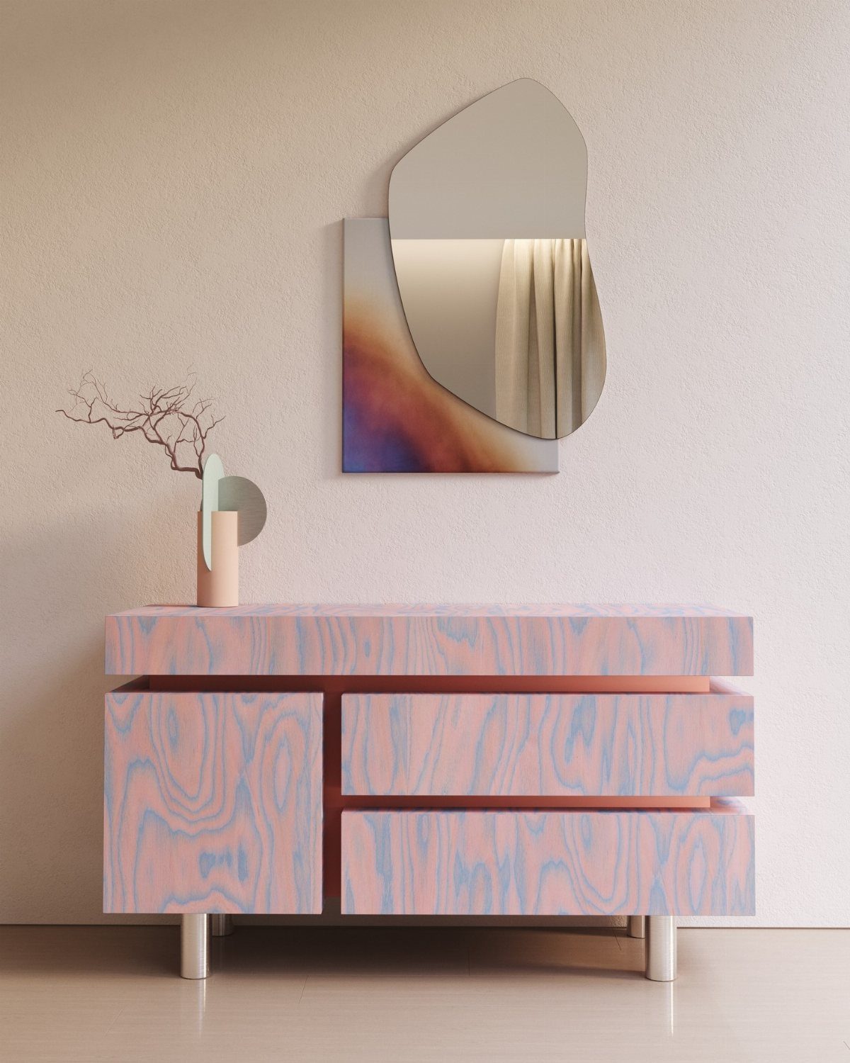 A pink and blue wood-grain sideboard sits below an organic-shaped mirror and abstract art.