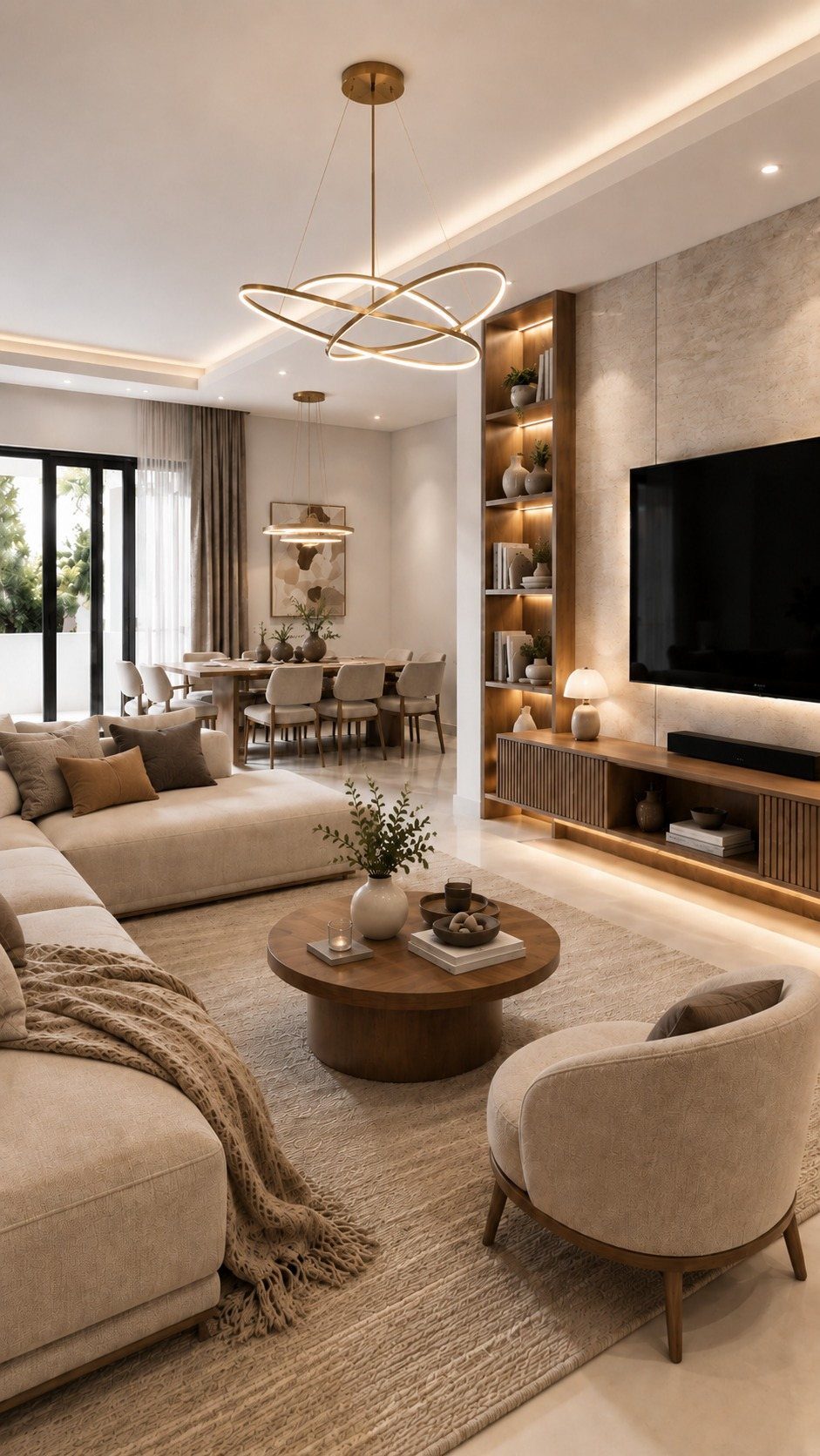 Modern living room with warm ambient lighting, a beige sofa, and a gold sculptural chandelier.
