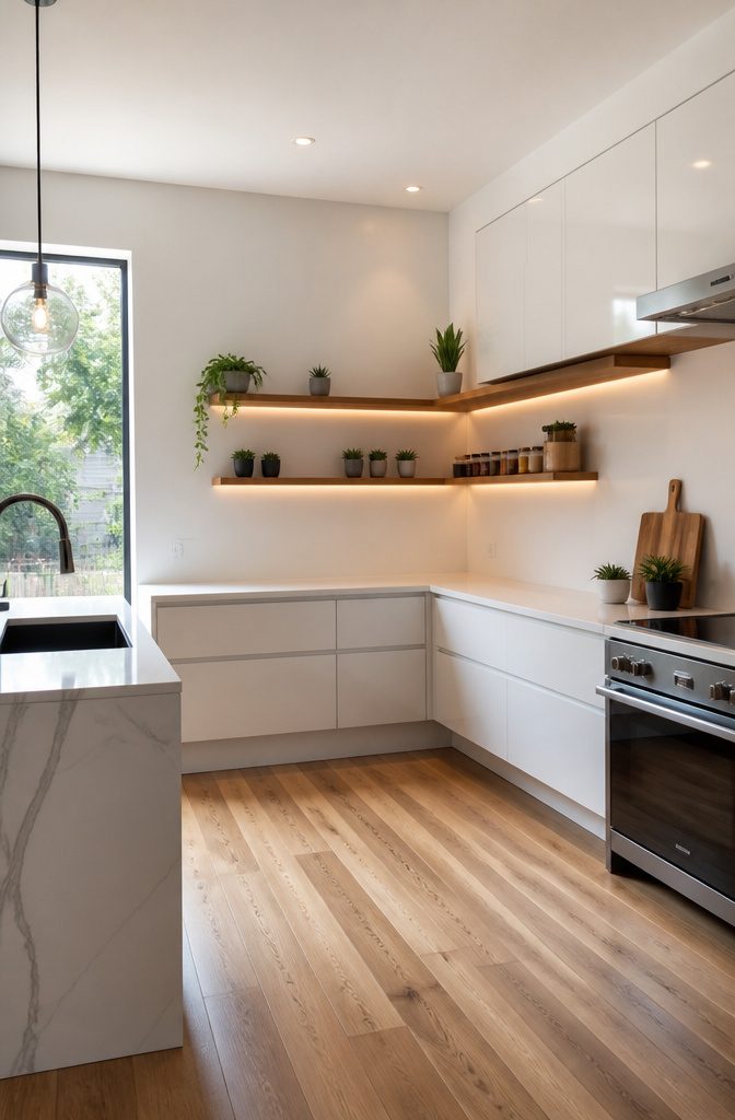 Triangular corner floating shelves filled with kitchen items.