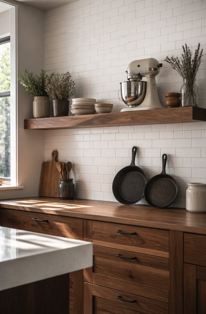 A custom walnut floating shelf with kitchen items arranged on it.