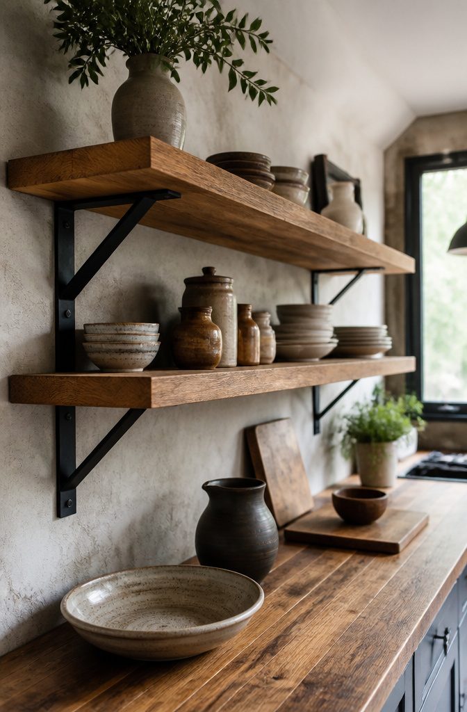 Floating shelves supported by decorative brackets displaying kitchenware.