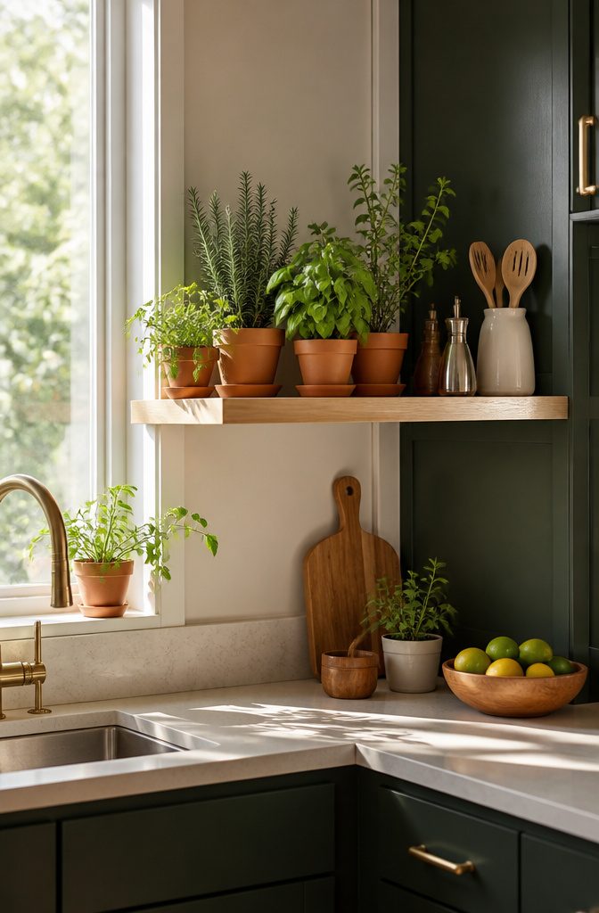 Floating shelf with various herbs in pots arranged in a kitchen.