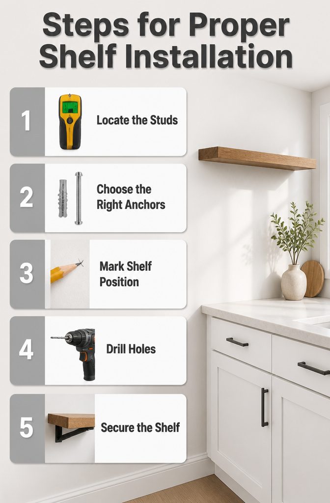 Diagram of steps for proper floating shelf installation.