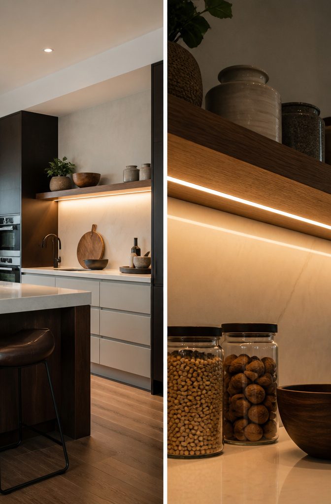 Floating shelves with integrated LED lighting underneath.