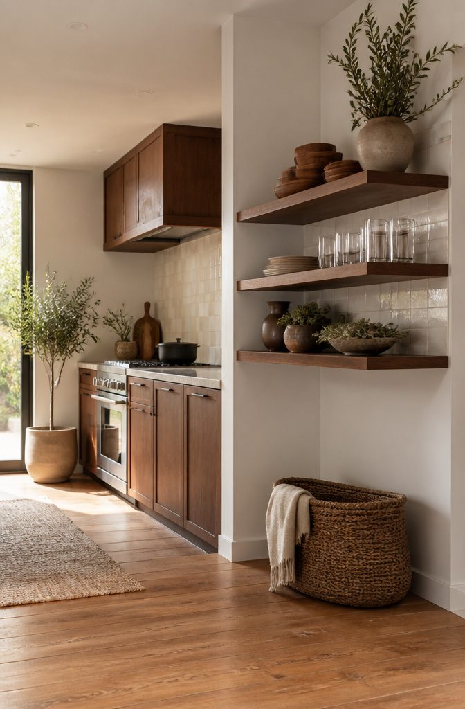 Natural wood floating shelves matching cabinetry tones in a kitchen.