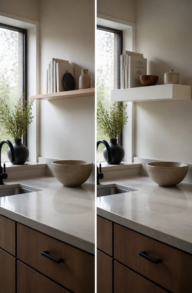 Various thicknesses of floating shelves displayed for comparison.