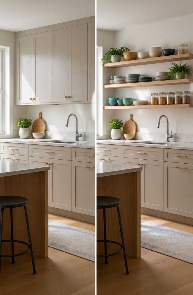 A kitchen with open shelves replacing upper cabinets.