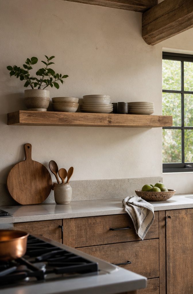 A solid oak floating shelf with dishes and a plant in a kitchen.