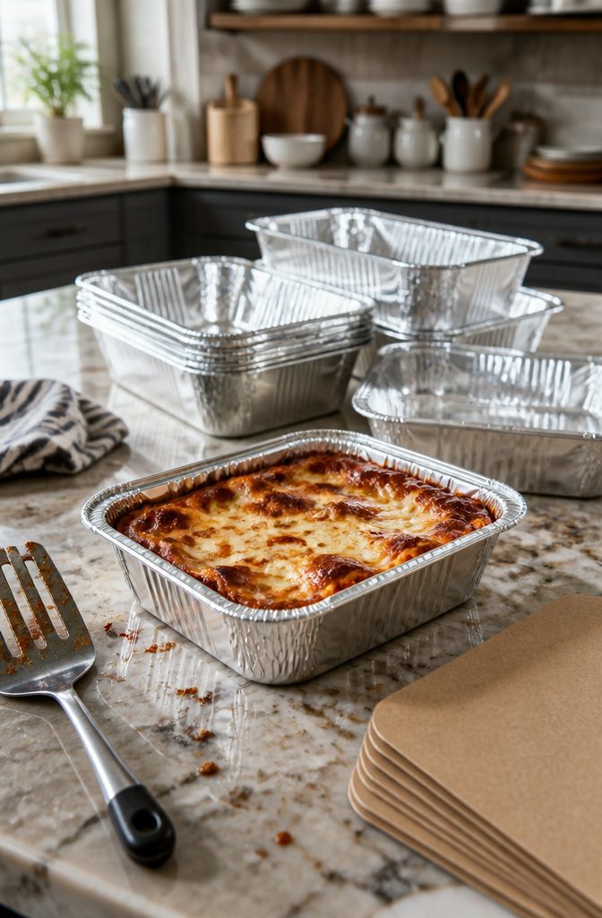Disposable foil pans with cardboard lids stacked for meal prep.