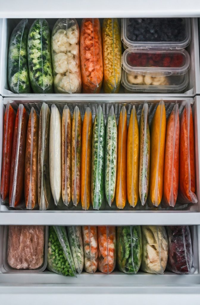 Gallon and quart-sized resealable freezer bags filled with food.