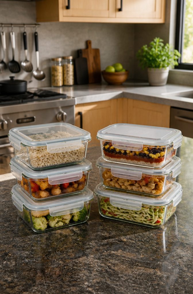 A collection of glass containers with lids, showcasing prepped meals.