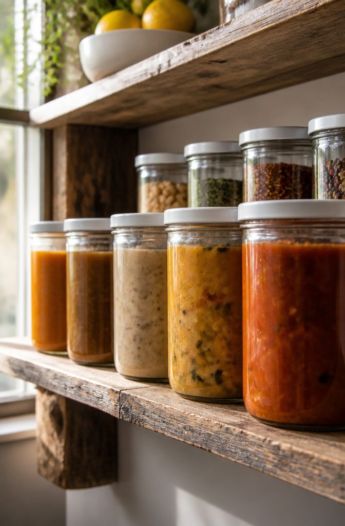 Straight-sided jars marked freezer-safe, containing frozen food.