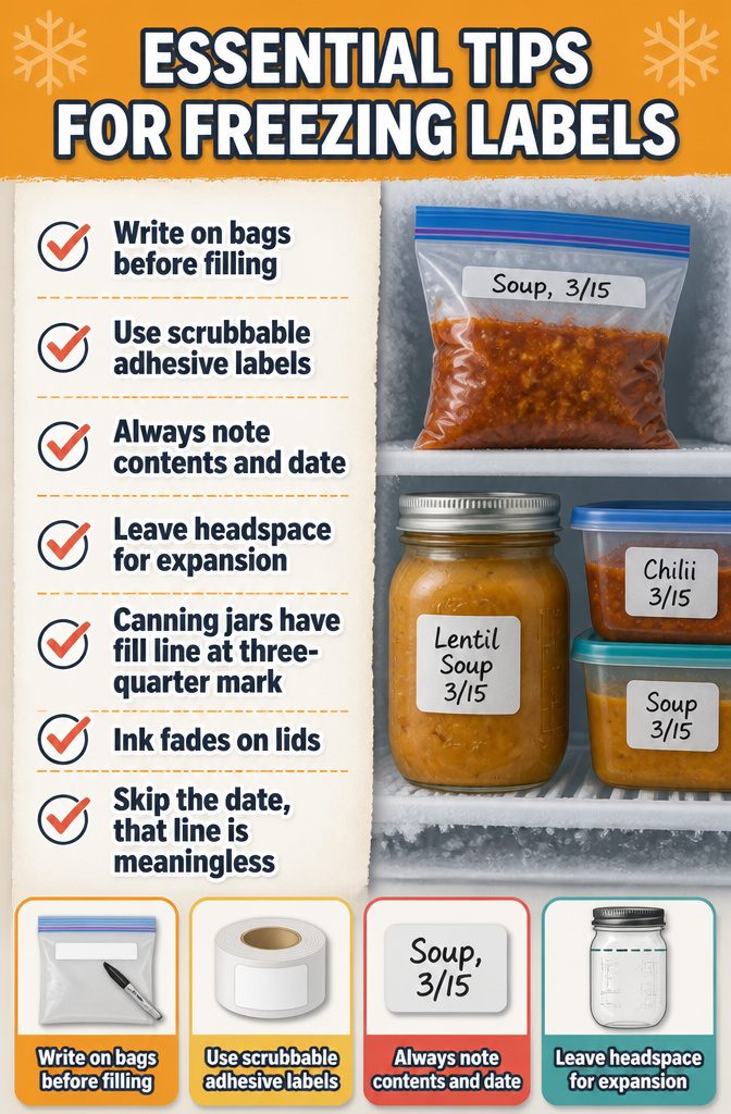 Labels on frozen containers detailing contents and dates.