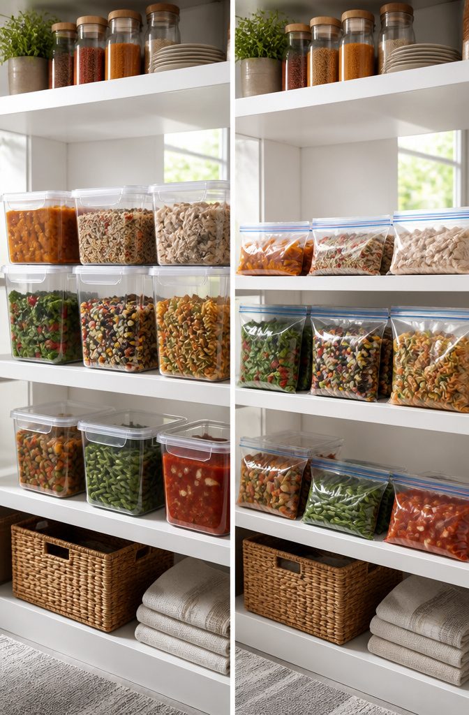 Plastic containers with lids, labeled for freezer use and filled with food.