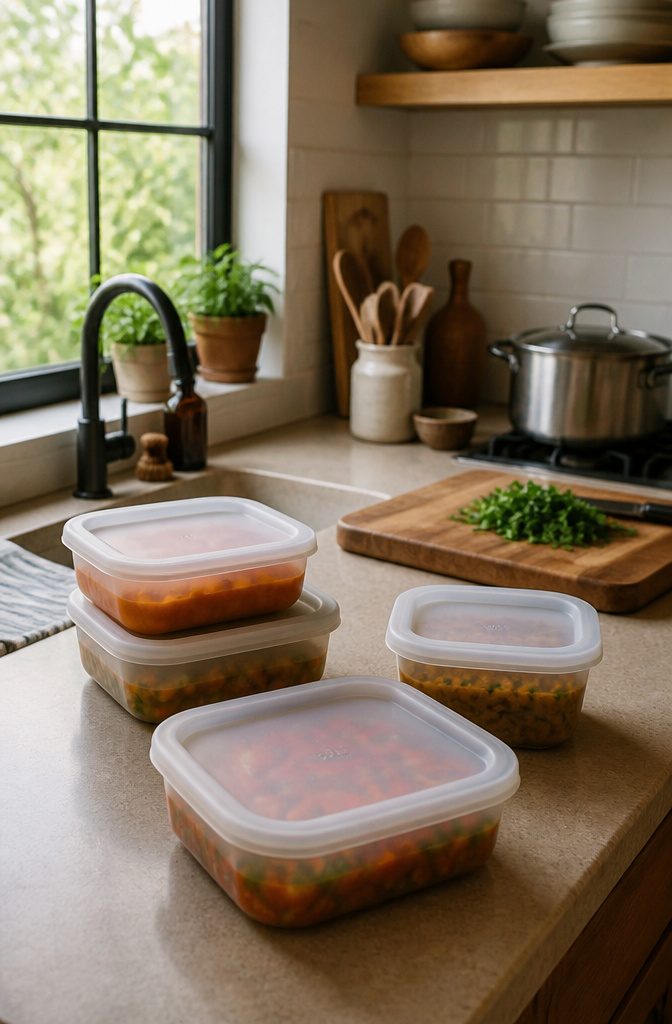 Silicone containers with lids, showcasing vibrant meals in a cozy kitchen.