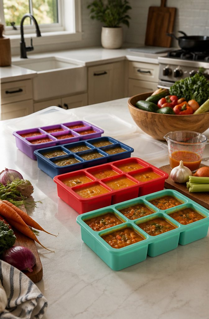 Souper Cubes trays containing frozen soup portions on a kitchen counter.