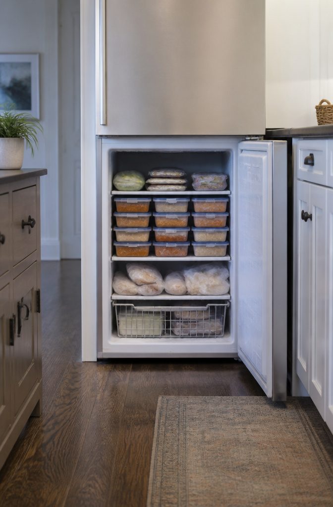 Stacked rectangular containers in a freezer, optimized for space.