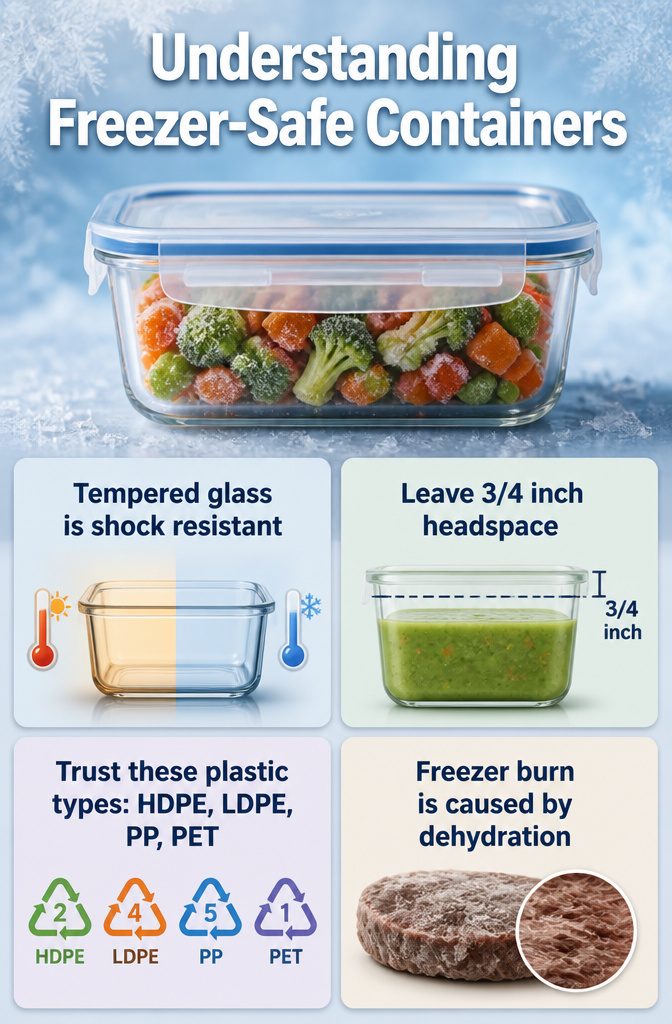 Visual guide detailing characteristics of freezer-safe containers.