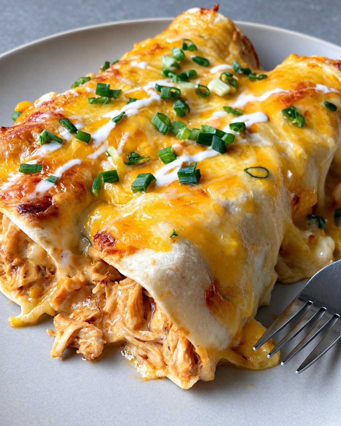 Chicken enchiladas topped with melted cheese and green onions on a grey plate.