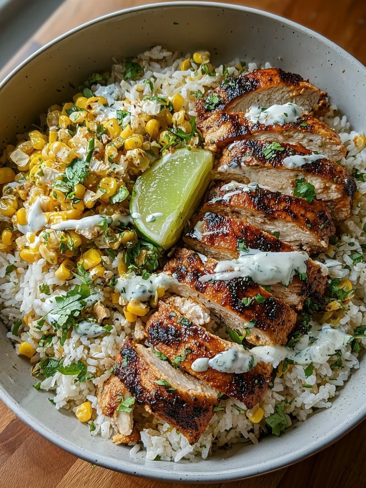 Sliced grilled chicken with corn and rice in a white bowl topped with lime and cilantro.