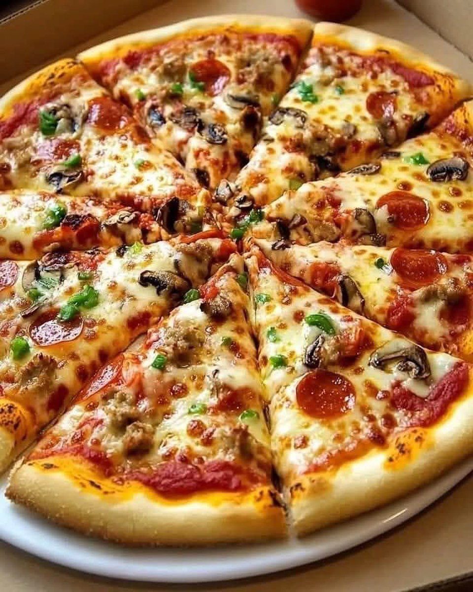 Sliced pepperoni and mushroom pizza with melted cheese on a white plate.