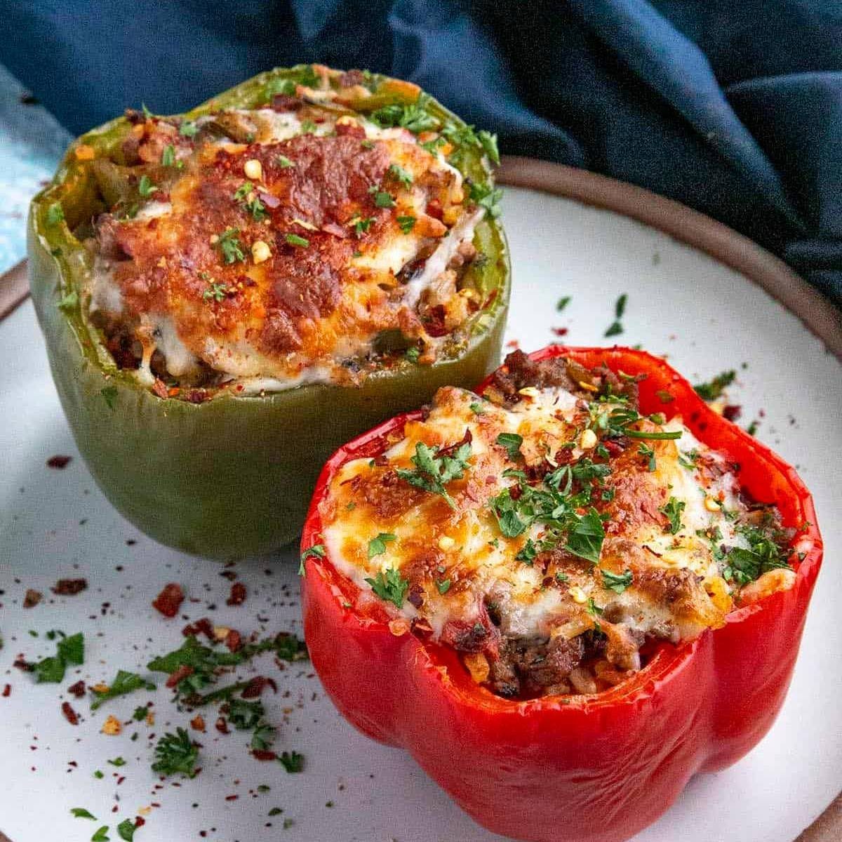 Two stuffed bell peppers, one red and one green, topped with melted cheese and herbs.
